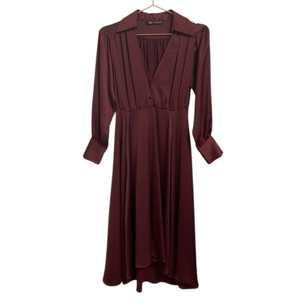 Zara Burgundy Satin Pleated V-Neck Midi Dress Long Sleeve XS